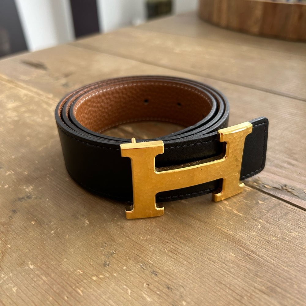 Hermes Noir/Gold Box and Togo Leather Hammered Finish H Buckle Reversible Belt